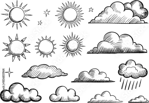Hand Drawn Sun and Cloud Weather Icons on White Keywords: sun, cloud, weather, sky, drawing