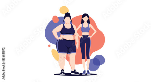 Two women in athletic wear showcasing body transformation, from a fuller figure to a more slender physique, representing fitness goals.