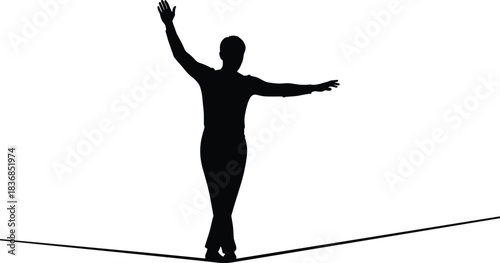 Tightrope Walker Black Silhouette Vector Illustration, Man Balancing on a High Wire, Concept of Balance, Risk, Skill, Challenge, and Focus for Business, Sport, or Life Design Content
