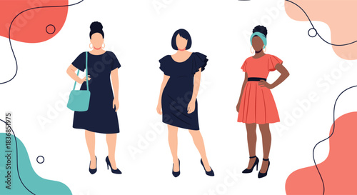 Three diverse women in stylish dresses and high heels, showcasing modern fashion, body diversity, and elegant attire.