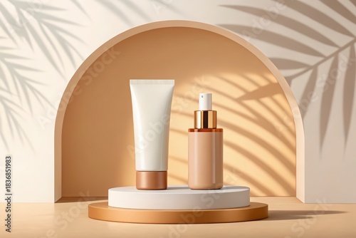 Skincare product display featuring two elegant containers on a podium with tropical leaf shadows