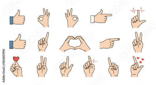 A diverse collection of human hand gestures and signs conveying communication, approval, direction, and various emotions on a white background.