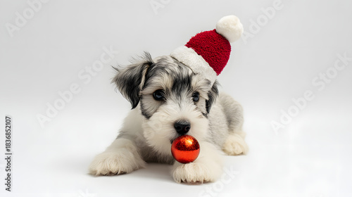 Dog Wearing Santa Hat Holding Ball in Mouth Festive Holiday Pet
