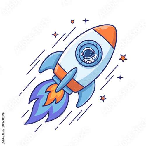 Cute Astronaut Waving Inside Cartoon Rocket Ship Launching into Space with Stars and Orange Flames Vector Illustration