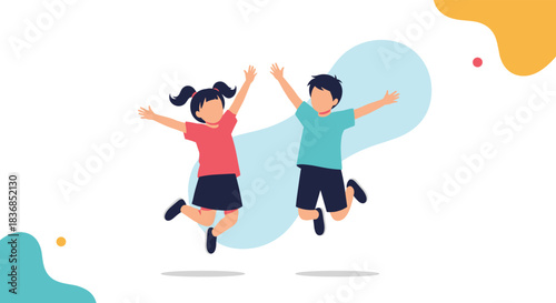 Two cheerful young children, a boy and a girl, jump with their arms outstretched in a joyful display on a white background with abstract shapes.