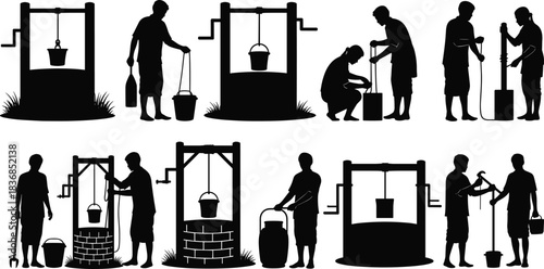 Water, well, pump, silhouette, posture, gesture, bucket, crank, pulley, container, draw, rural, manual, traditional, setup, agriculture, vector, black, pose, flavector