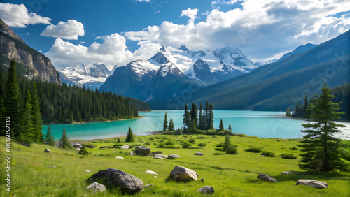 Stunning view of emerald lake surrounded by pine forest and majestic snowcapped mountain range under a partly cloudy blue sky in summer