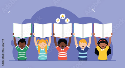 Five smiling children from various backgrounds are enthusiastically holding blank open books above their heads, symbolizing learning and literacy.