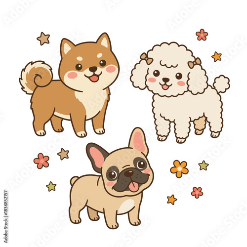 Set of Adorable Cartoon Dog Breeds Isolated on White Background Including Shiba Inu Poodle and French Bulldog