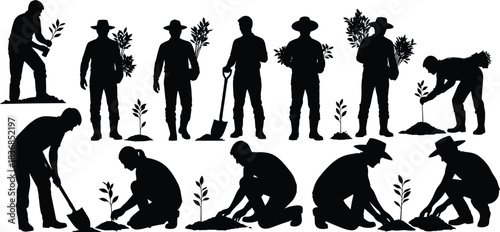 Tree, planting, silhouette, posture, gesture, sapling, dig, shovel, soil, cover, root, bucket, hat, boot, environment, agriculture, setup, vector, black, pose, flavector