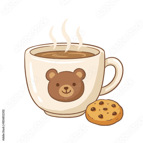Hot steaming coffee or cocoa in a cute bear-themed mug with a chocolate chip cookie, charming cartoon vector illustration for cozy, comfort, autumn, and winter concepts