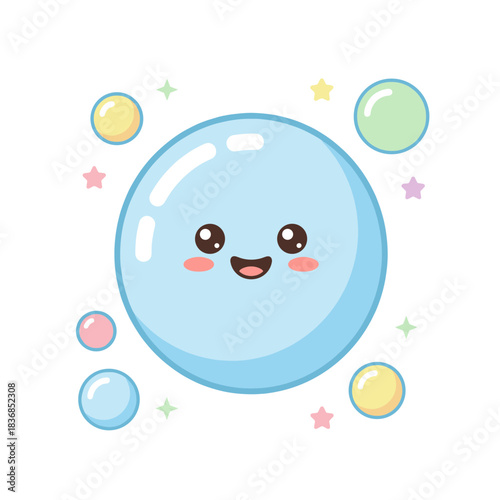 Adorable smiling colorful bubble with sparkles and tiny surrounding bubbles, cute cartoon vector illustration for bath time, cleaning, magic, and cheerful designs