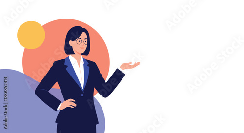 A confident female professional in a suit and glasses presenting information or gesturing with an open palm against a colorful, abstract background with ample copy space.