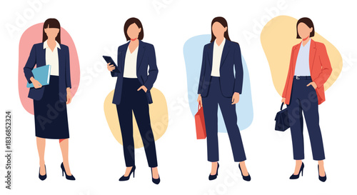 Four diverse professional businesswomen in smart corporate attire are depicted in a flat design illustration, standing confidently with various accessories.