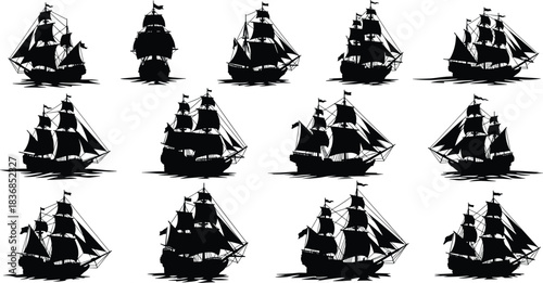 Sailing, ship, silhouette, posture, gesture, mast, sail, flag, vessel, grid, maritime, history, classic, setup, naval, tradition, vector, black, pose, flavector