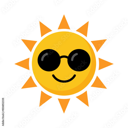 Happy smiling sun wearing cool black sunglasses, flat cartoon vector illustration for summer, holidays, heat, hot weather, and cheerful bright concepts