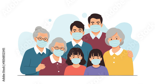 A multi-generational family portrait featuring grandparents, parents, and children, all wearing blue protective face masks.