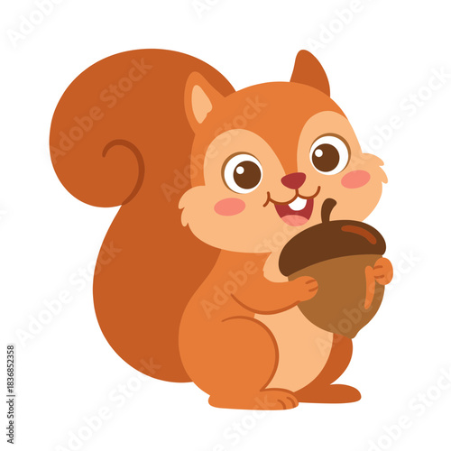 Adorable smiling squirrel holding a large acorn, cute cartoon vector illustration for autumn, nature, woodland animals, and wildlife concepts