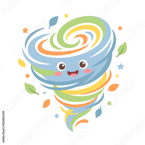 Cute cartoon tornado or whirlwind with smiling face, colorful swirls, and falling leaves, fun vector illustration for weather, autumn, and nature concepts