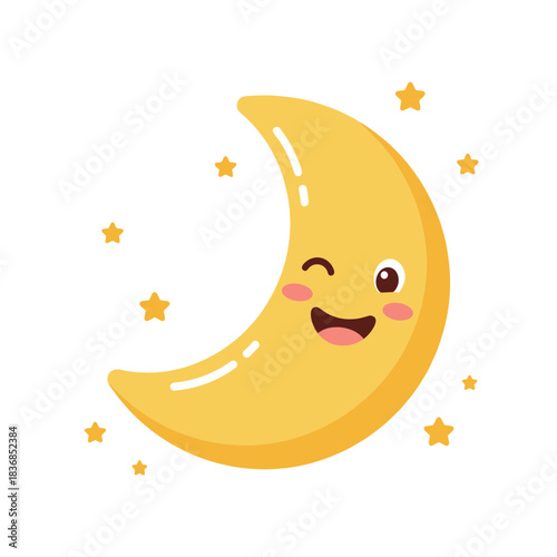 Cheerful winking crescent moon surrounded by sparkling stars, cute cartoon vector illustration for night, sleep, dreams, celestial, and space themes