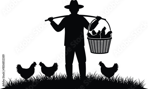 Poultry, transport, silhouette, posture, gesture, chicken, basket, pole, shoulder, farmer, boot, hat, rural, livestock, agriculture, setup, vector, black, pose, flavector