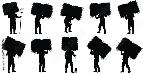 Hay, carry, silhouette, posture, gesture, head, bundle, pitchfork, stand, walk, rural, agriculture, labor, traditional, exaggerated, motion, setup, vector, black, pose, flavector