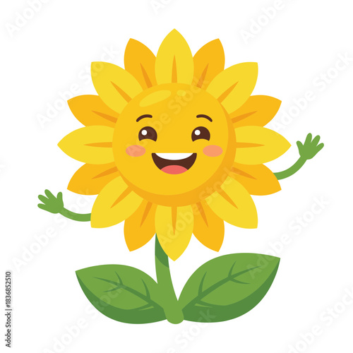 Happy smiling sunflower character with hands waving, adorable cartoon vector illustration for summer, flowers, nature, and positive energy concepts