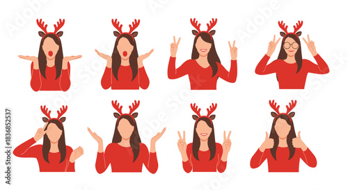 A cheerful woman in a red sweater and reindeer antlers headband shows various festive and expressive gestures for the holiday season.