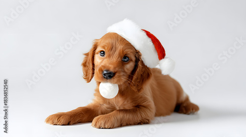 Dog Wearing Santa Hat Holding Ball in Mouth Festive Holiday Pet
