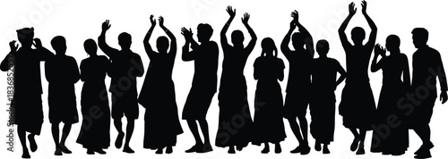Group, dance, celebration, silhouette, posture, gesture, clap, raise, walk, skirt, pant, dress, hat, festive, cultural, motion, setup, vector, black, pose, flavector