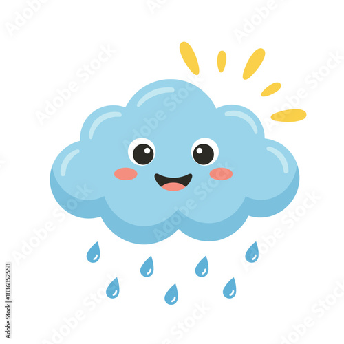 Happy smiling blue cloud character raining with water droplets, cute cartoon vector illustration for weather, spring, rain, and cheerful forecast concepts