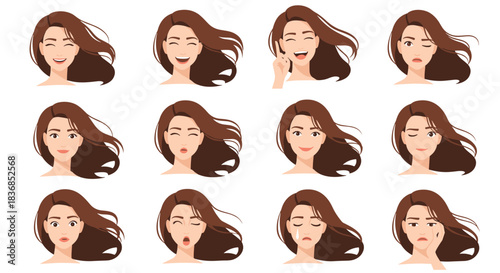 A set of diverse facial expressions and emotions from a young woman with flowing brown hair, including joy, surprise, anger, sadness, and more.