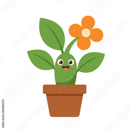 Cute smiling potted plant character with orange flower and green leaves, adorable cartoon vector illustration for gardening, spring, botany, and home decor concepts