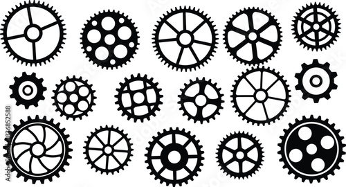 Gear, set, silhouette, posture, gesture, teeth, spoke, hole, rotate, mechanism, machinery, engineering, industrial, vector, black, setup, structure, motion, pose, flavector