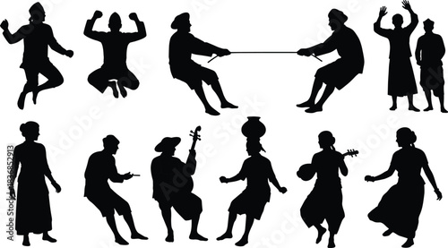 Cultural, activity, silhouette, posture, gesture, dance, music, pot, rope, jump, balance, tradition, folk, setup, rural, expressive, vector, black, pose, flavector, festival