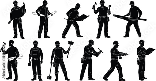 Silhouettes of construction workers in safety gear using tools, inspecting blueprints, performing industrial tasks, teamwork, labor, engineering, site work