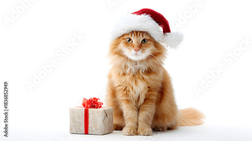 Brown Cat Wearing Santa Hat with Gift Festive Christmas Pet Portrait