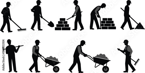 Silhouettes of construction workers performing various tasks with tools, wheelbarrows, and bricks on site for labor, teamwork, and safety illustration