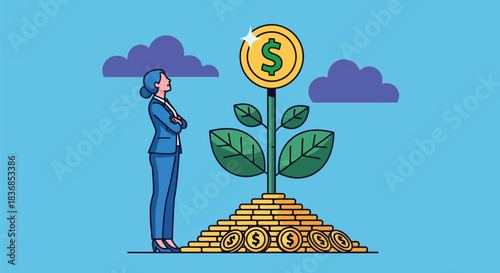 Businesswoman standing next to growing money plant with gold coins