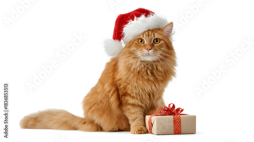 Brown Cat Wearing Santa Hat with Gift Festive Christmas Pet Portrait