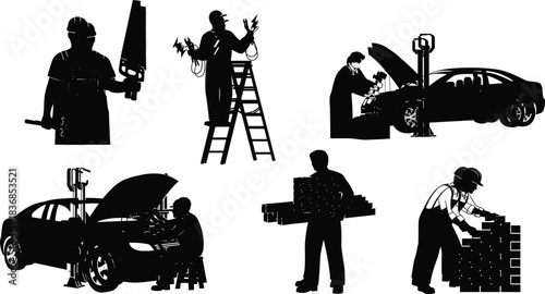 Silhouettes of Skilled Workers in Construction, Electrical, Automotive, and Bricklaying Jobs – Manual Labor Trades Vector for Industrial Themes