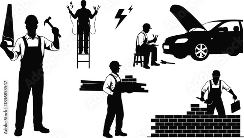 Skilled trades worker silhouettes vector set featuring carpenter, electrician, mechanic, laborer, and bricklayer in construction and industrial job scenes