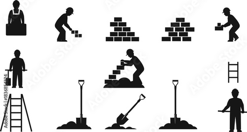 Construction workers, bricklaying tools, shovel, ladder, industrial labor icons, silhouette vector set for building, masonry, repair, and maintenance themes