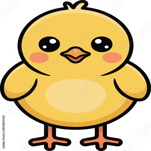 Cartoon yellow chick illustration with big eyes orange beak and pink cheeks in cute style