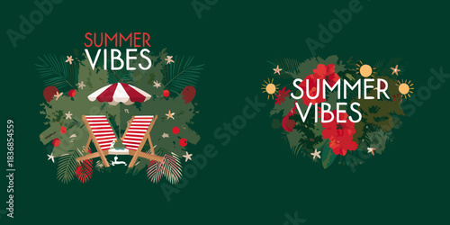 Summer vibes illustration set featuring beach chairs and tropical floral design