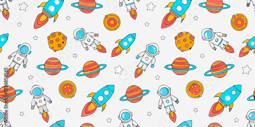 Seamless pattern of space elements astronauts rockets planets and stars