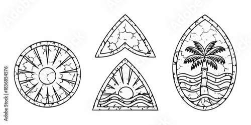Set of stone textured tropical and celestial icons in black and white