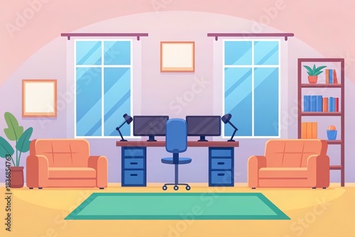 A well organized and comfortable home office workspace with dual computer monitors and cozy seating areas