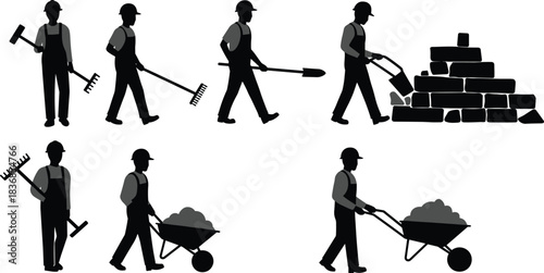Silhouette construction workers performing labor tasks with tools, wheelbarrow, shovel, bricks, teamwork, safety gear, industrial site vector illustration