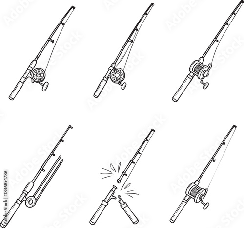 Set of 6 Fishing Rod and Reel Outline Vector Icons